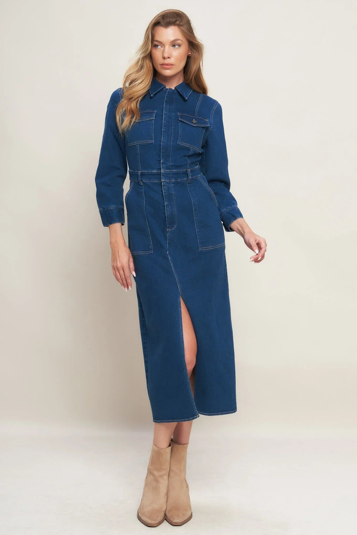 MIDNIGHT DARK INDIGO DENIM MIDI DRESS