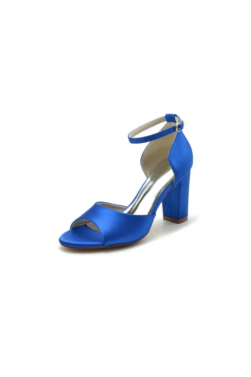 Simple Open Toe Ankle Strap Satin Chunky Heels