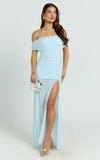Leticia Maxi Dress Mesh Off Shoulder Ruched High Split Dress in Blue