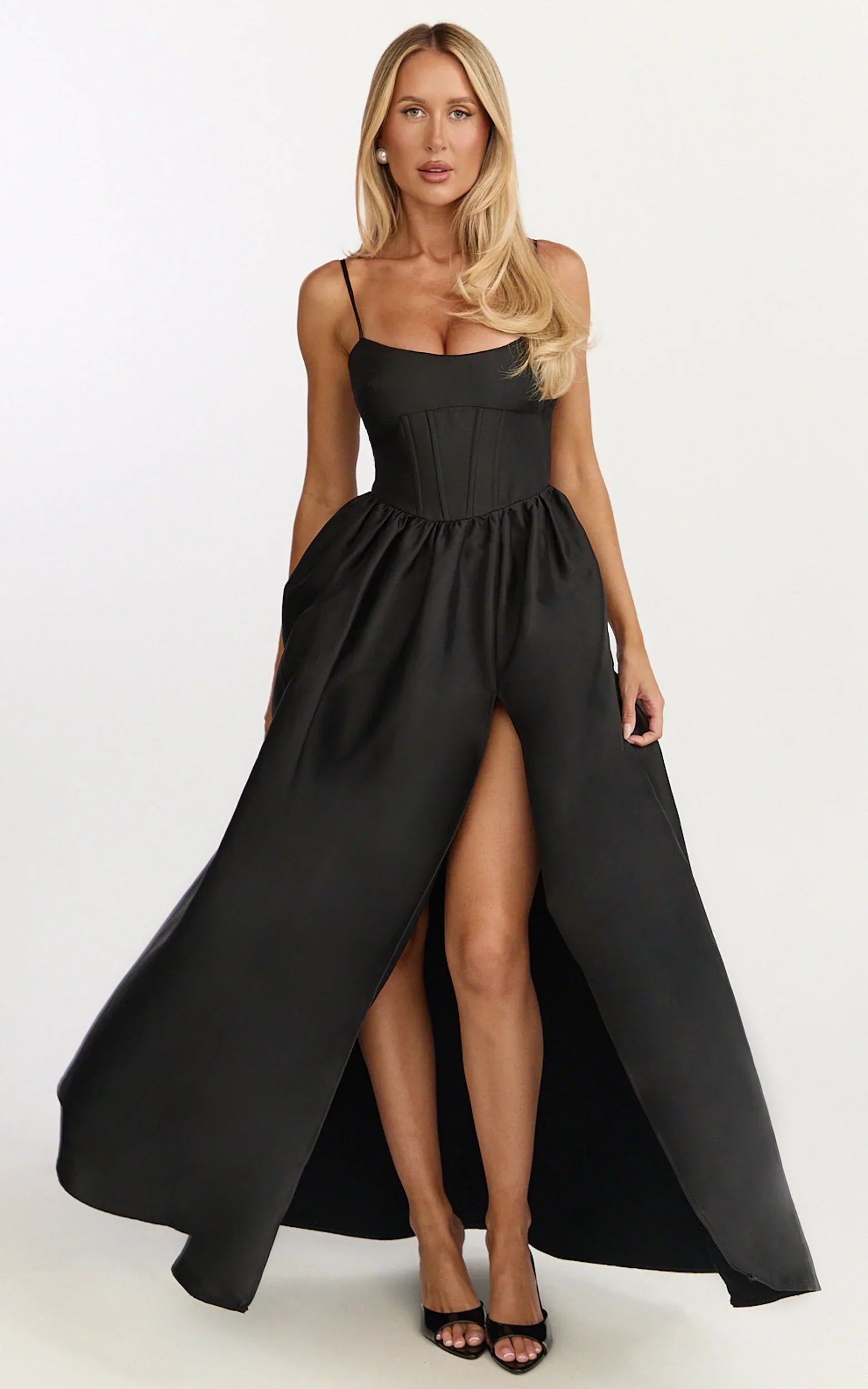 Louisa Maxi Dress Boned Bodice Lace Up Back Dress in Black