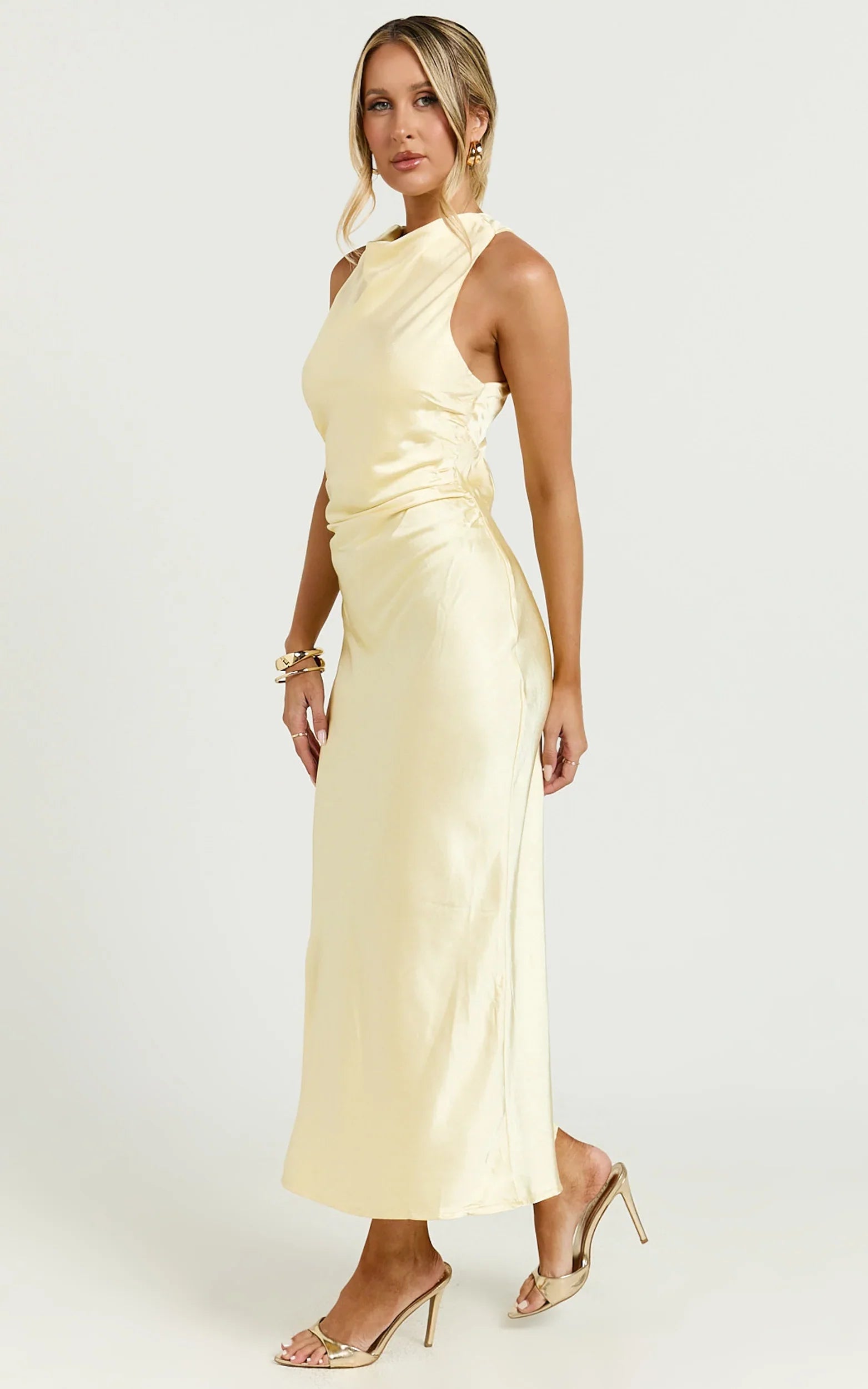 Aluna Midi Dress High Neck Cross Back Satin Slip Dress in Lemon