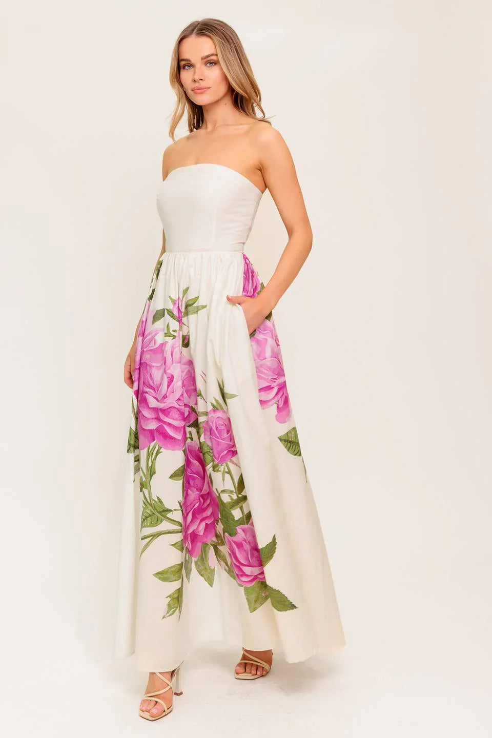 CAUGHT IN THE BREEZE STRAPLESS FLORAL MAXI DRESS
