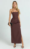 Avery Midi Dress Strapless Draped Side Split Dress in Chocolate