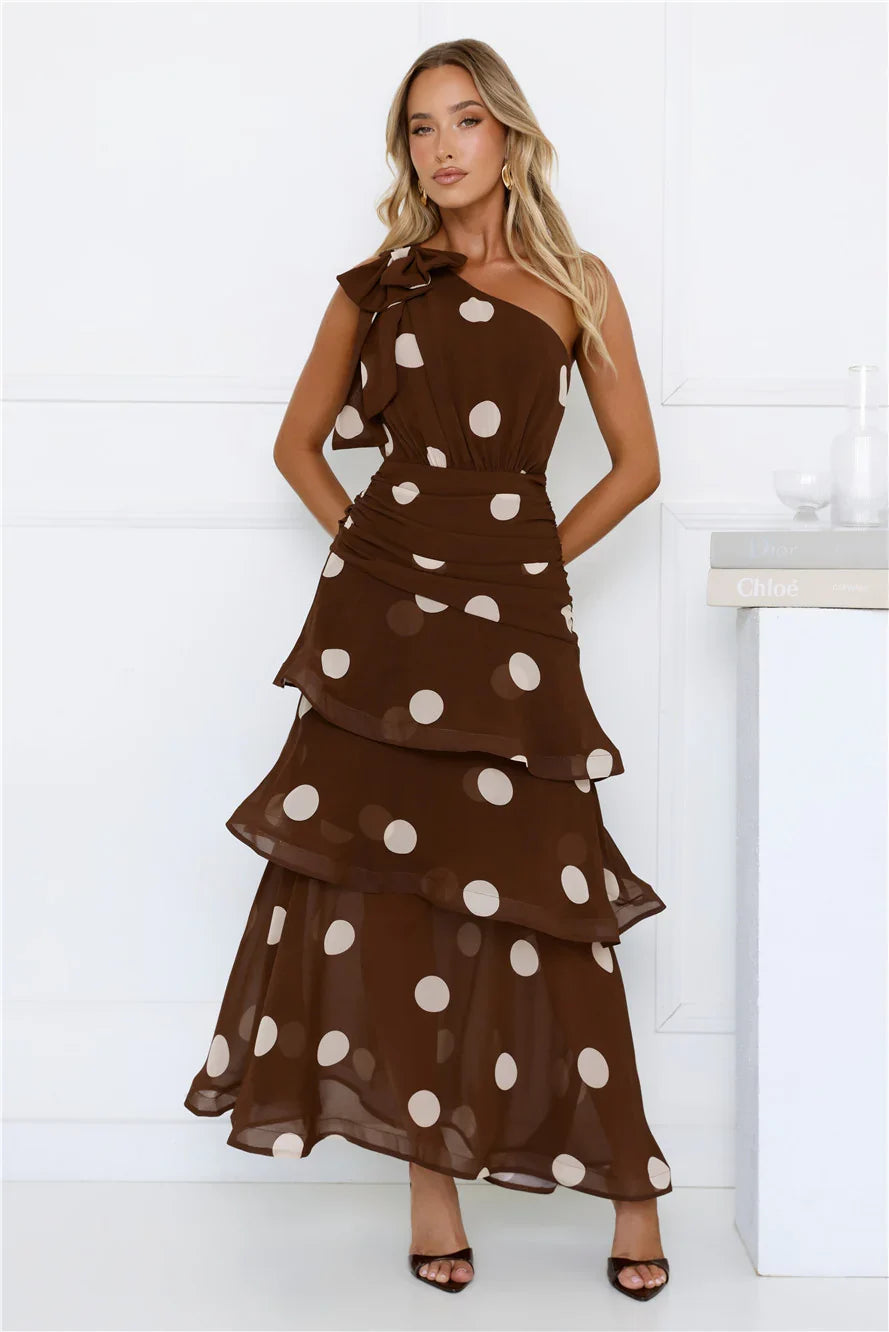 Shes Trendy One Shoulder Polka Dot Maxi Dress Brown