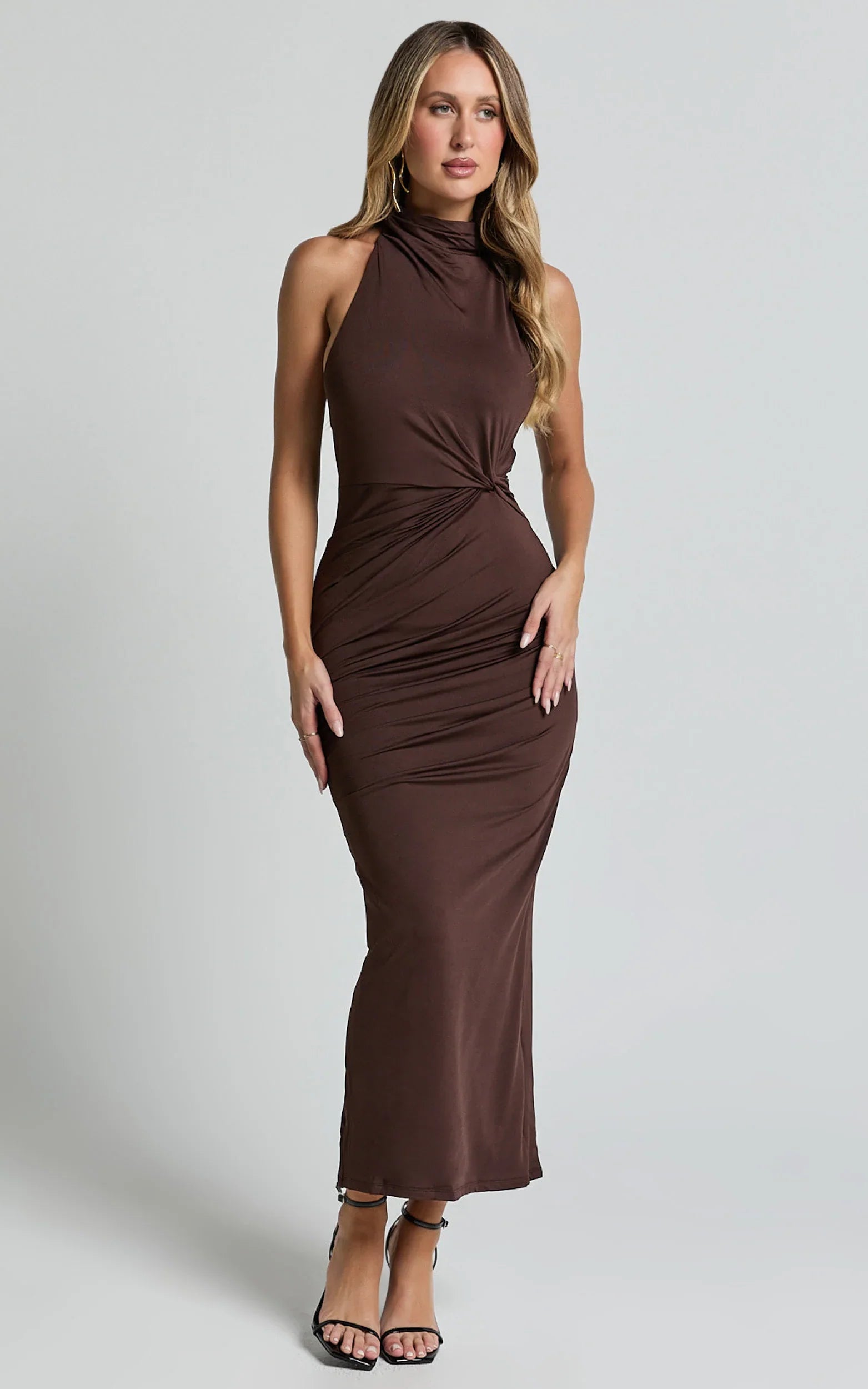 Olenna Midi Dress Halter Neck Twist Detail Tie Back Dress in Chocolate