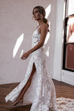 Elegant Mermaid V Neck Lace Boho Wedding Dresses with Slit