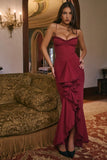 wine ruffled front gown