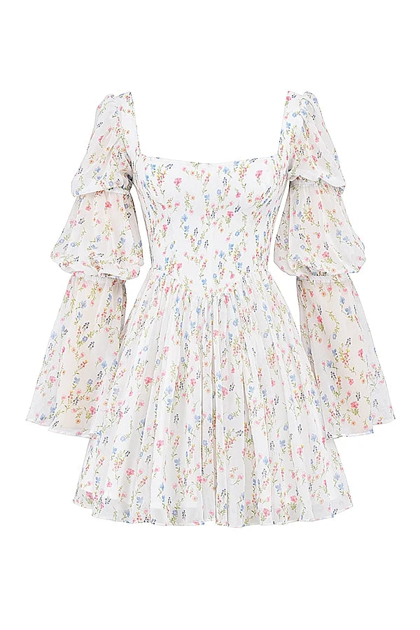 white posy print puff sleeve mini dress