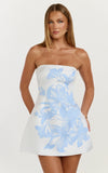 Emme Mini Dress Strapless Jacquard Placement Floral A Line Dress in Blue