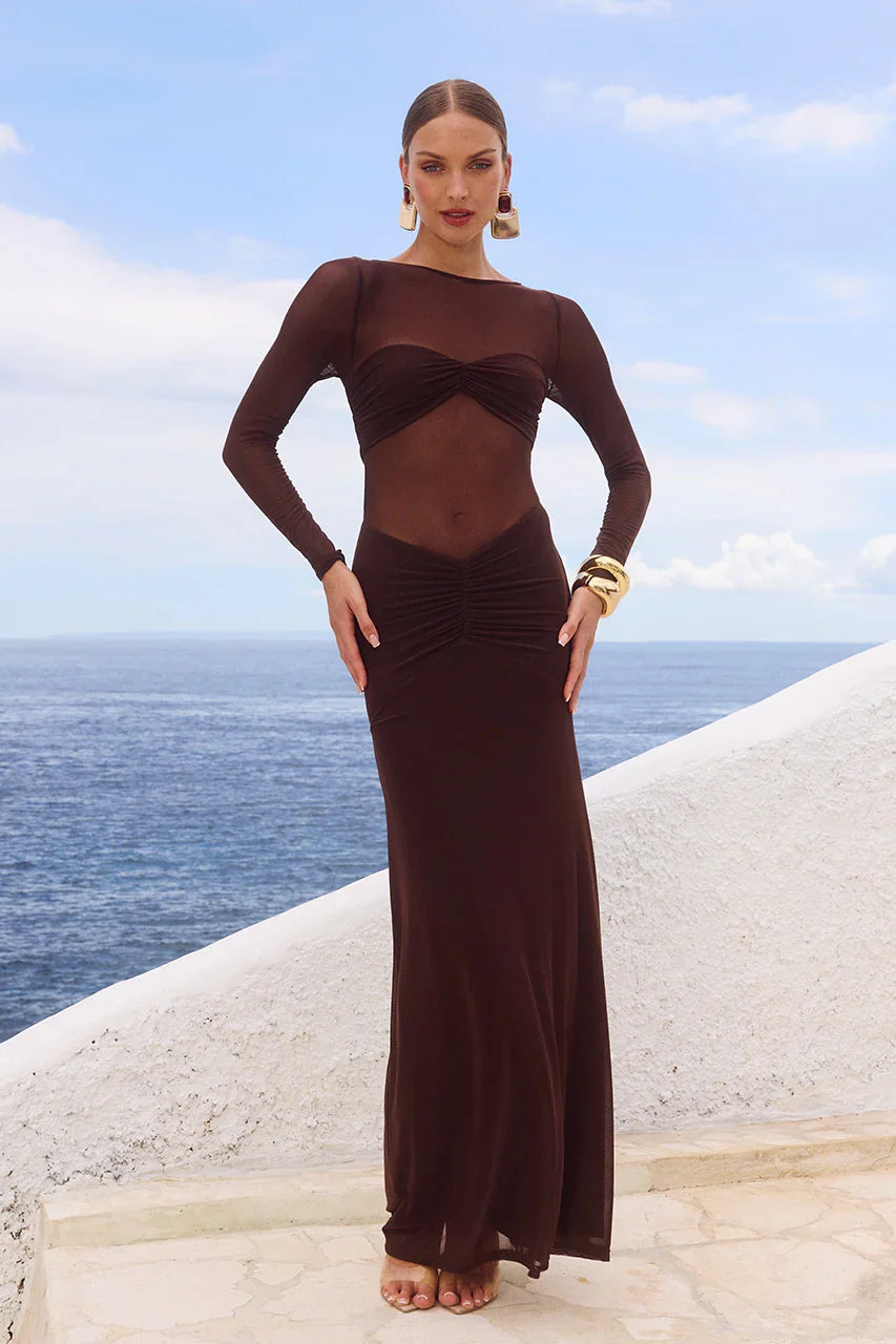 ROMY SLEEVED RUCHED MAXI DRESS BITTER CHOCOLATE