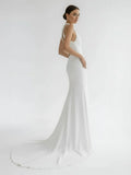 Simple White Halter Open Back Long Wedding Dress