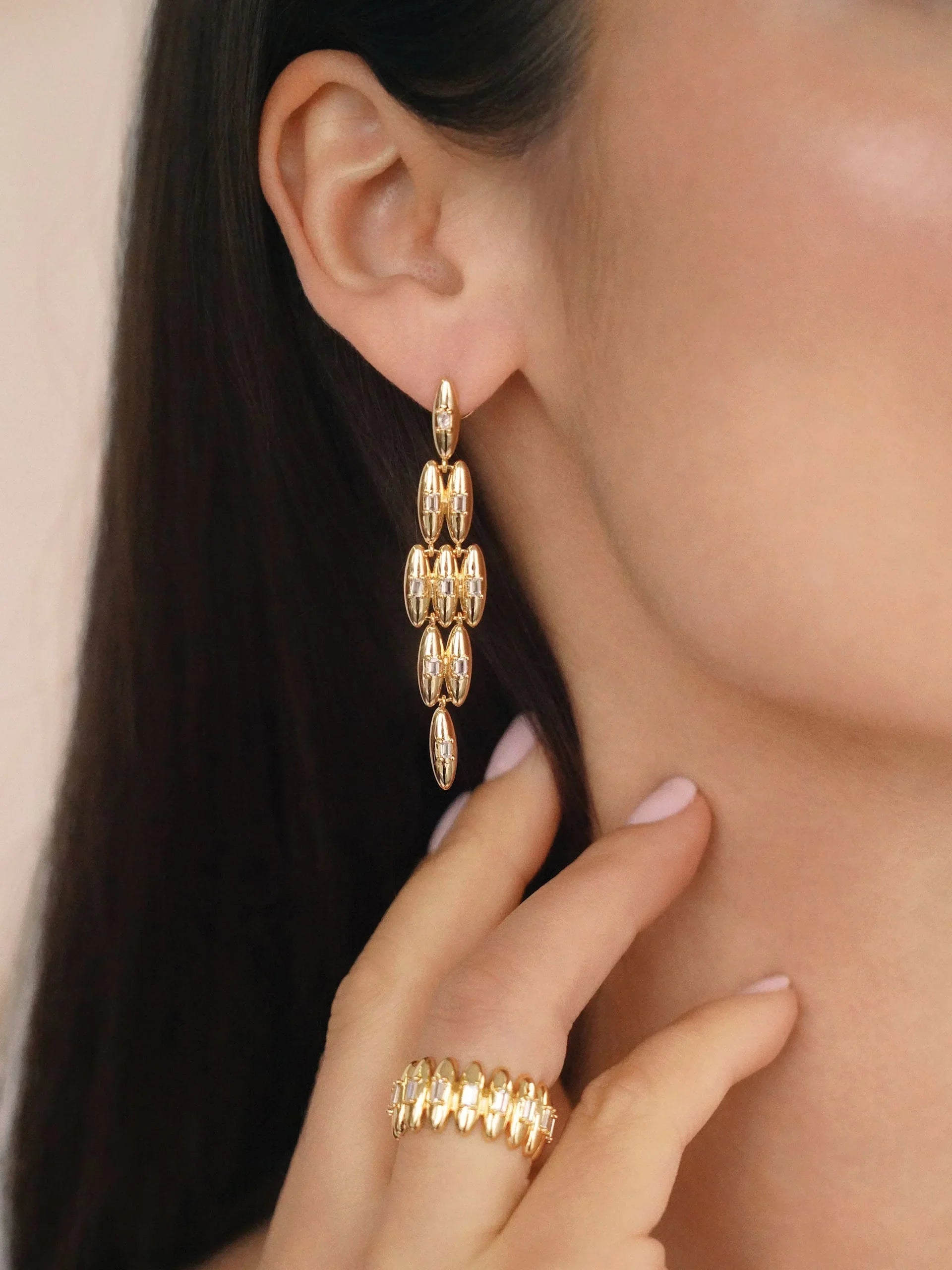 Oval Dome Baguette Dangle Earrings