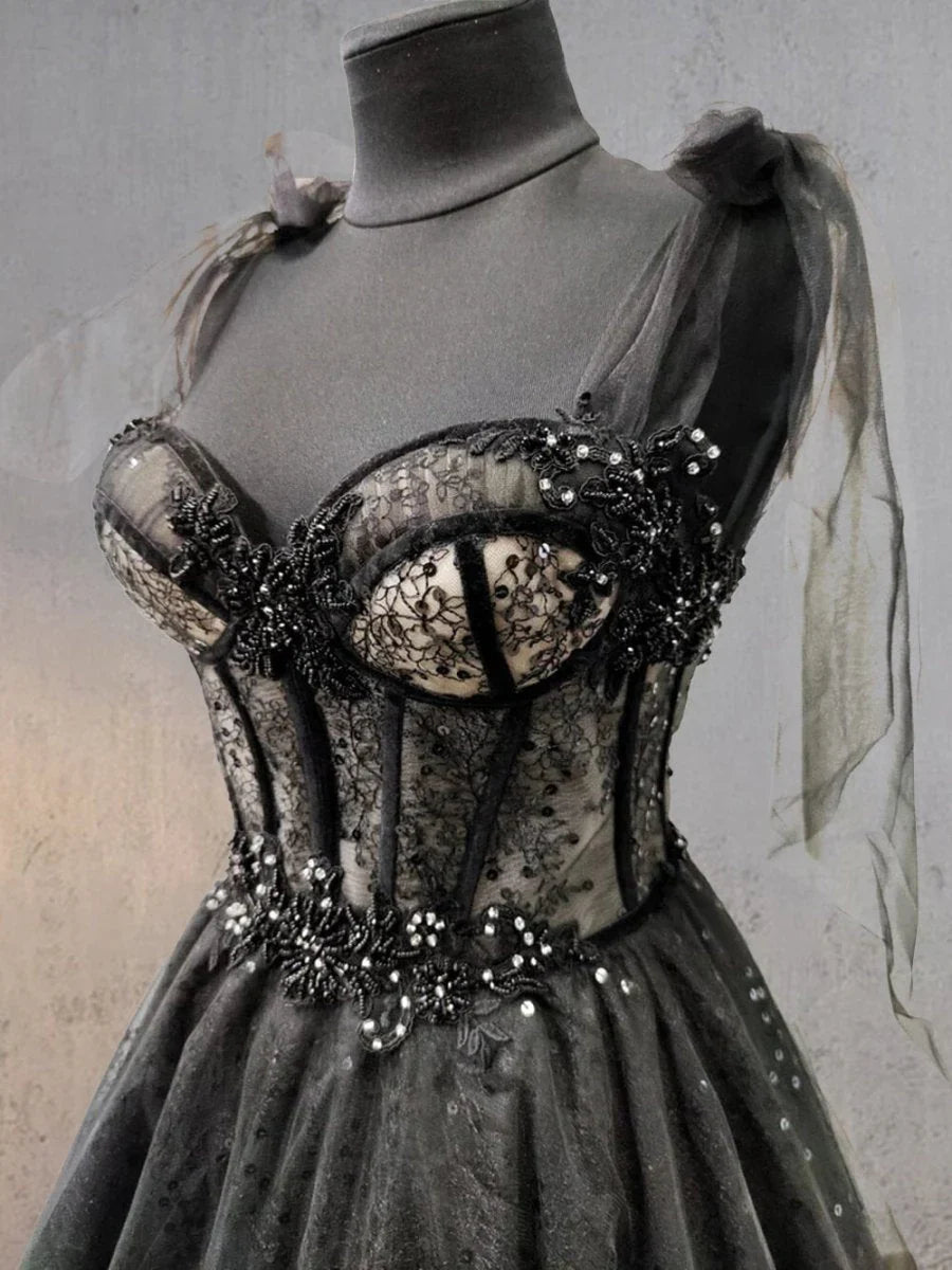 Glitter Lace Tulle Sweetheart Corset Court Black Wedding Dress
