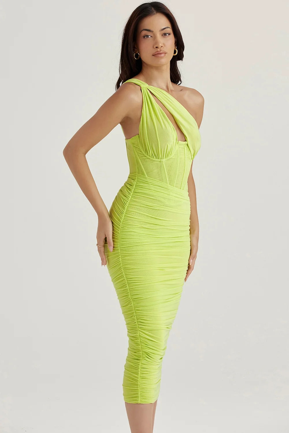 lime asymmetric cutout midi dress