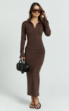 Rimona Midi Dress Long Sleeve Gathered Waist Midi Shirt Dress in Brown