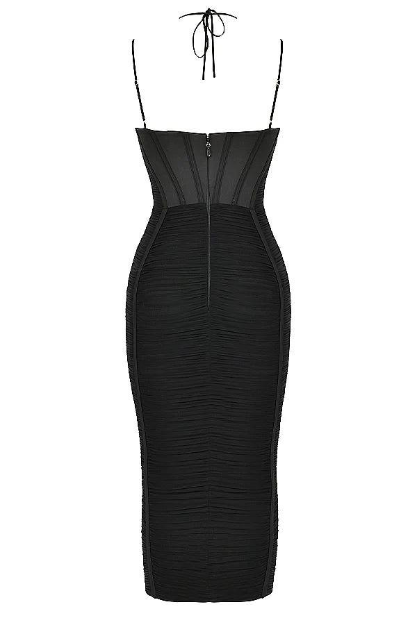 black ruched midi dress