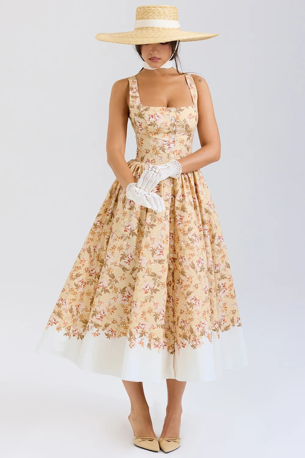 honeyflower print gathered cotton midi dress