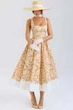 honeyflower print gathered cotton midi dress