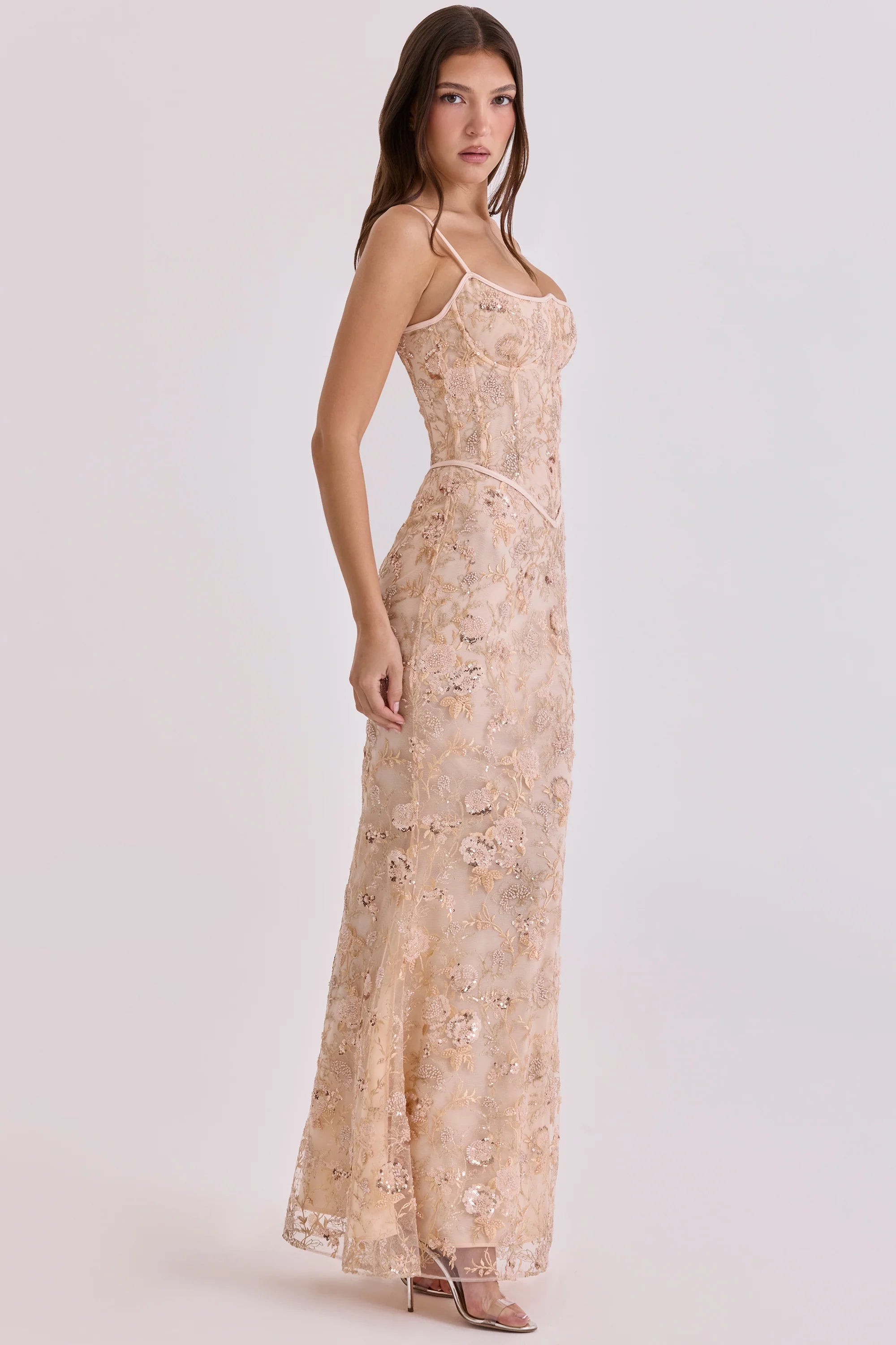 peach hand beaded embellished corset maxi dress limited edition