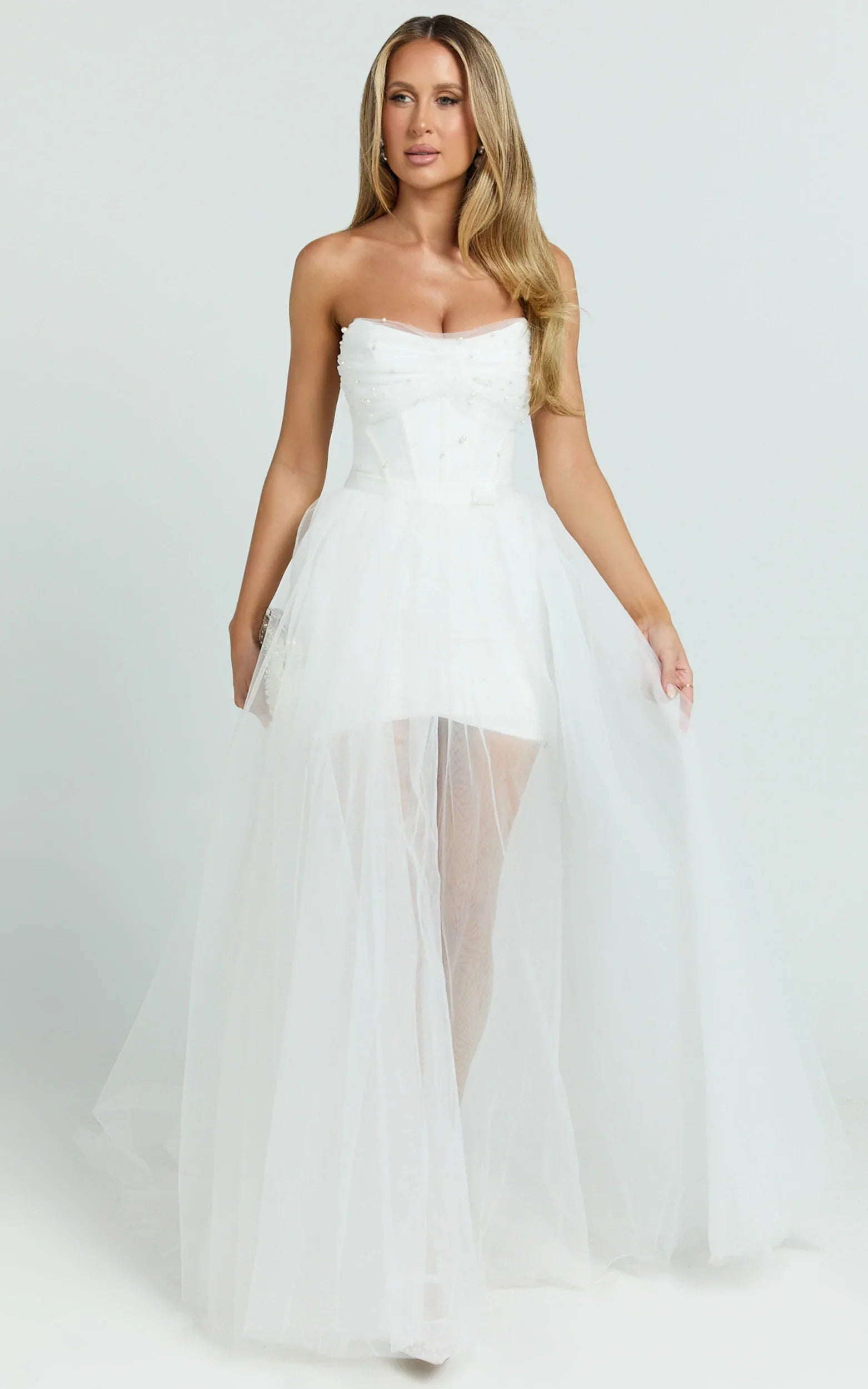 Kelsey Mini Dress Beaded Strapless Corset Panel Dress with Detachable Tulle Skirt in White