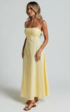 Brette Midi Dress Linen Straight Neck Strappy Fit And Flare Dress in Lemon