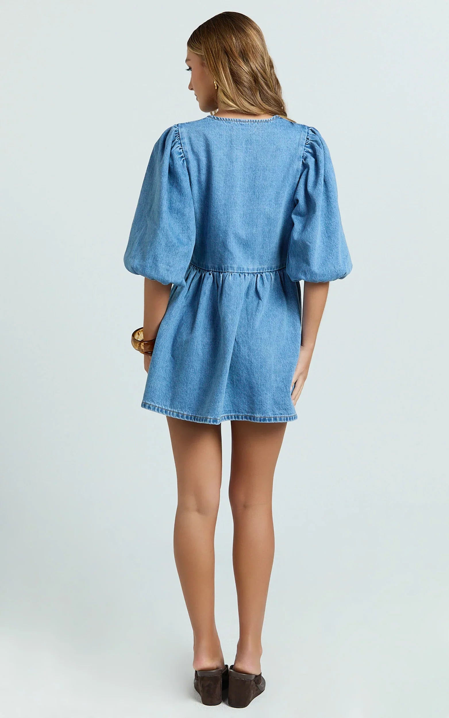 Shailene Mini Dress Tie Front Puff Sleeve Recycled Denim Dress in Mid Blue Wash