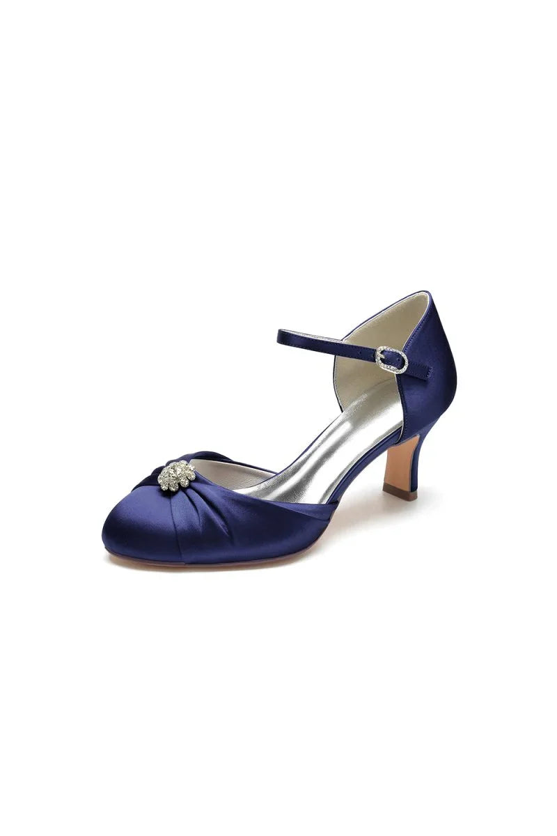 Satin Pointed Toe Strap Buckle Stiletto Heels With Rhinestone