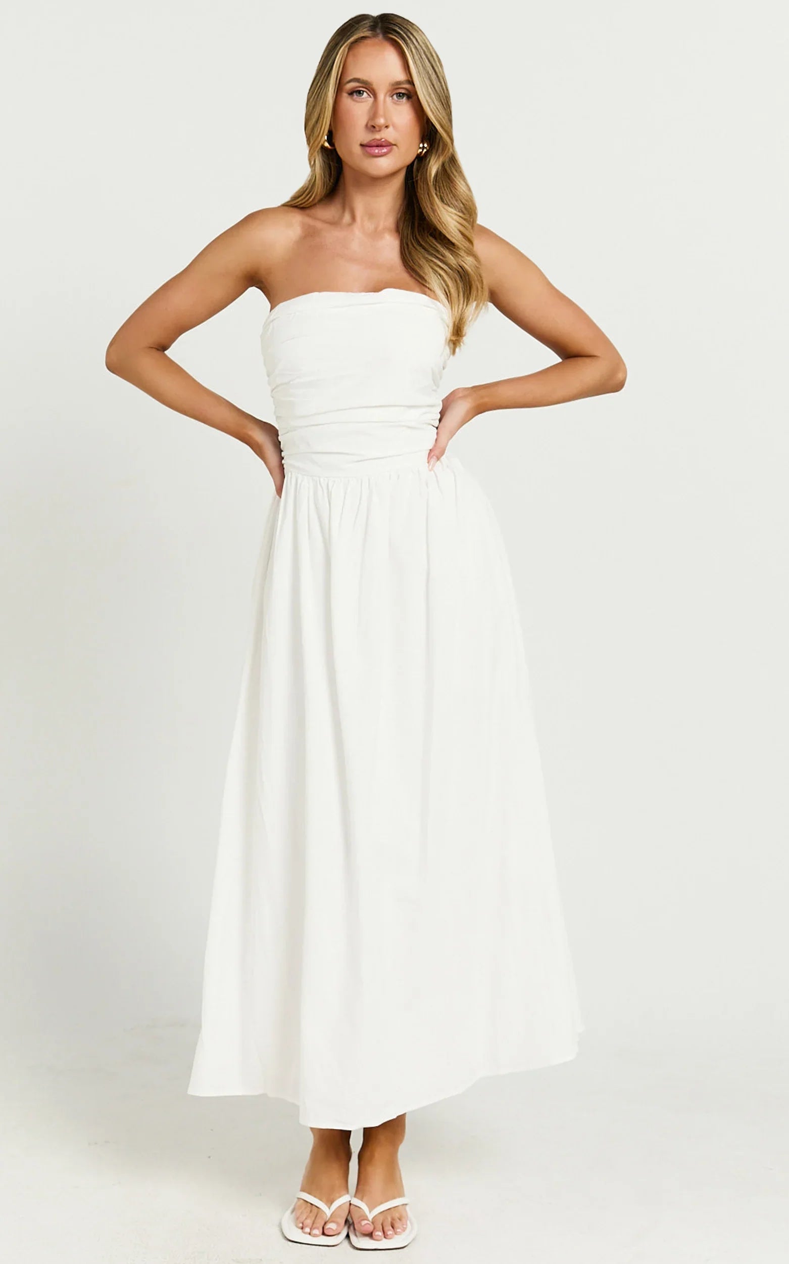 Polly Midi Dress Strapless Ruched Dress in White