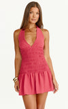 Giselle Mini Dress Halter Neck Shirred Frilled Hem Fit And Flare Dress in Rose