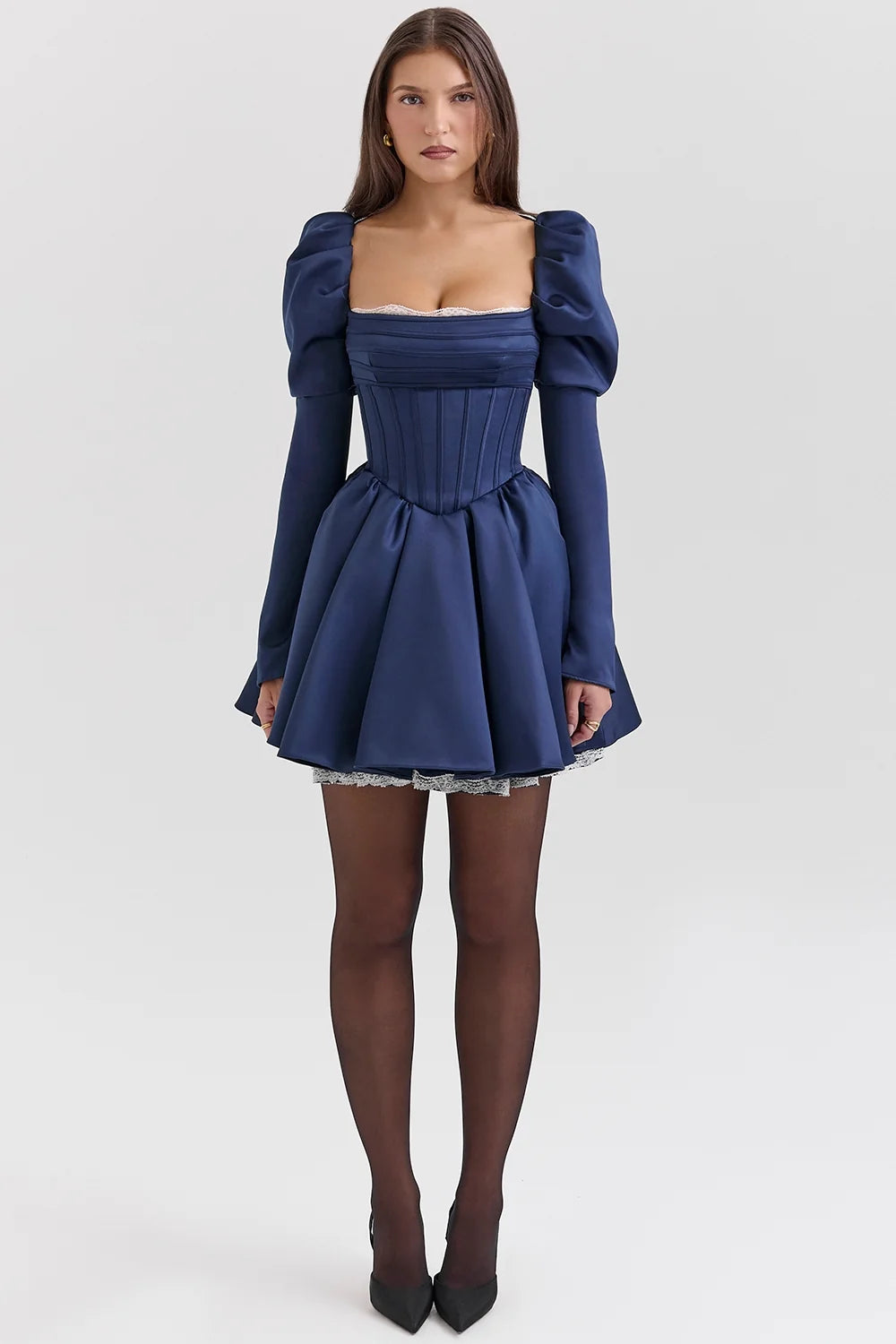 midnight satin puff sleeve mini dress sale