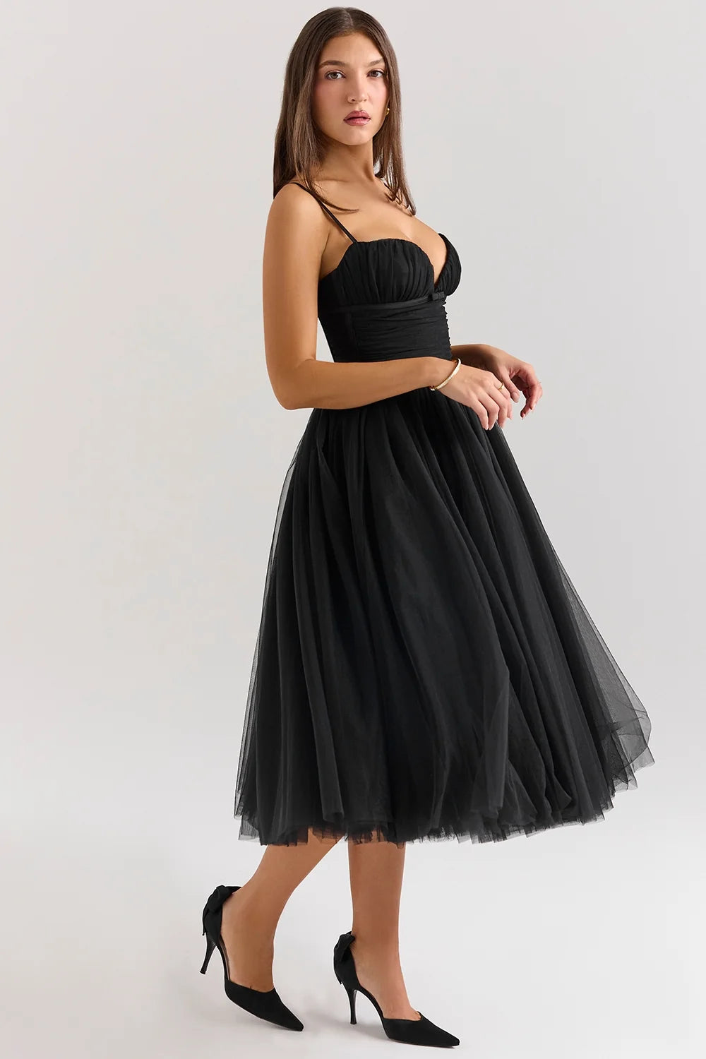 black tulle ruched bodice midi dress sale