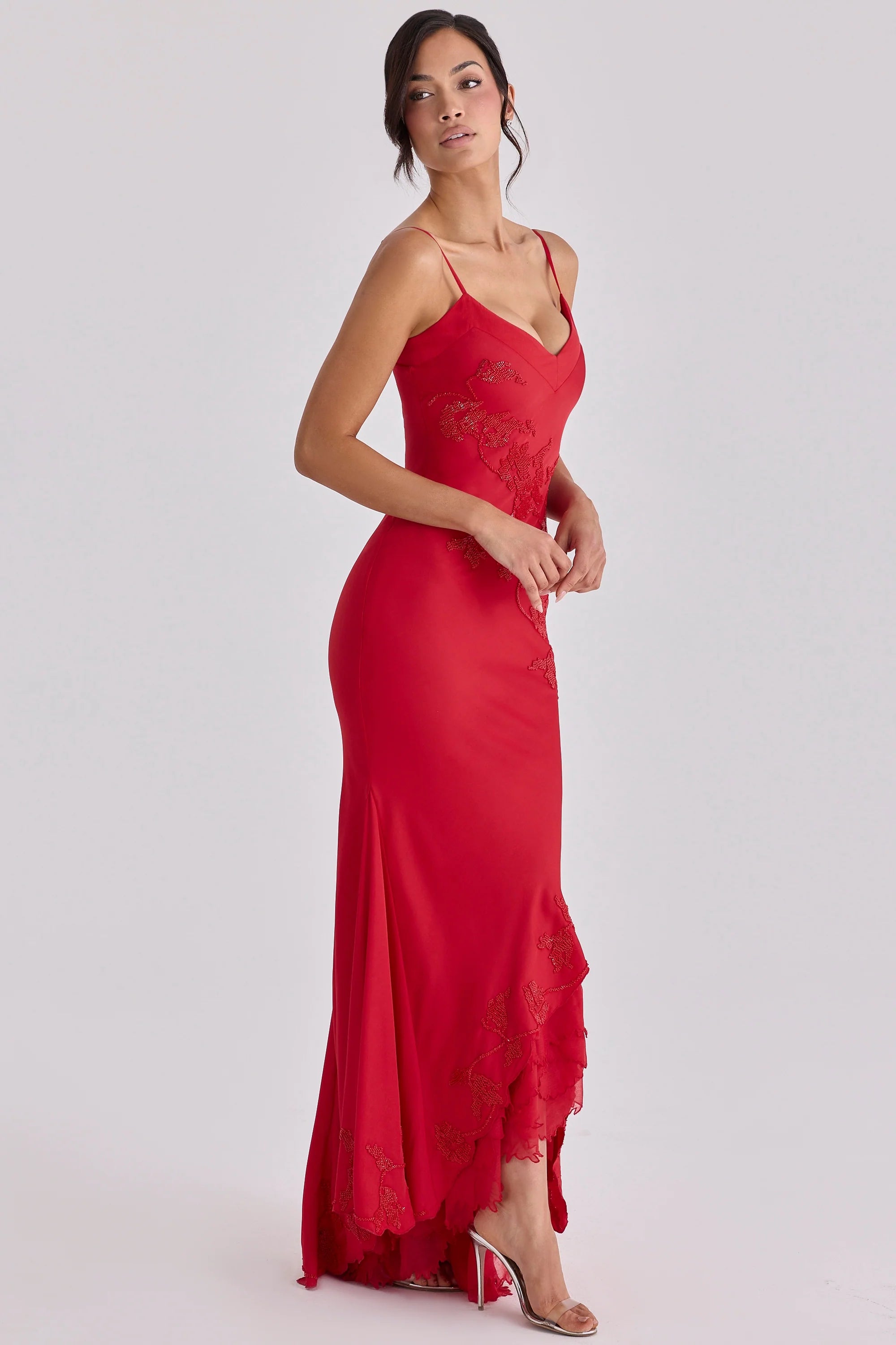 red hand beaded embellished satin maxi dress limited edition