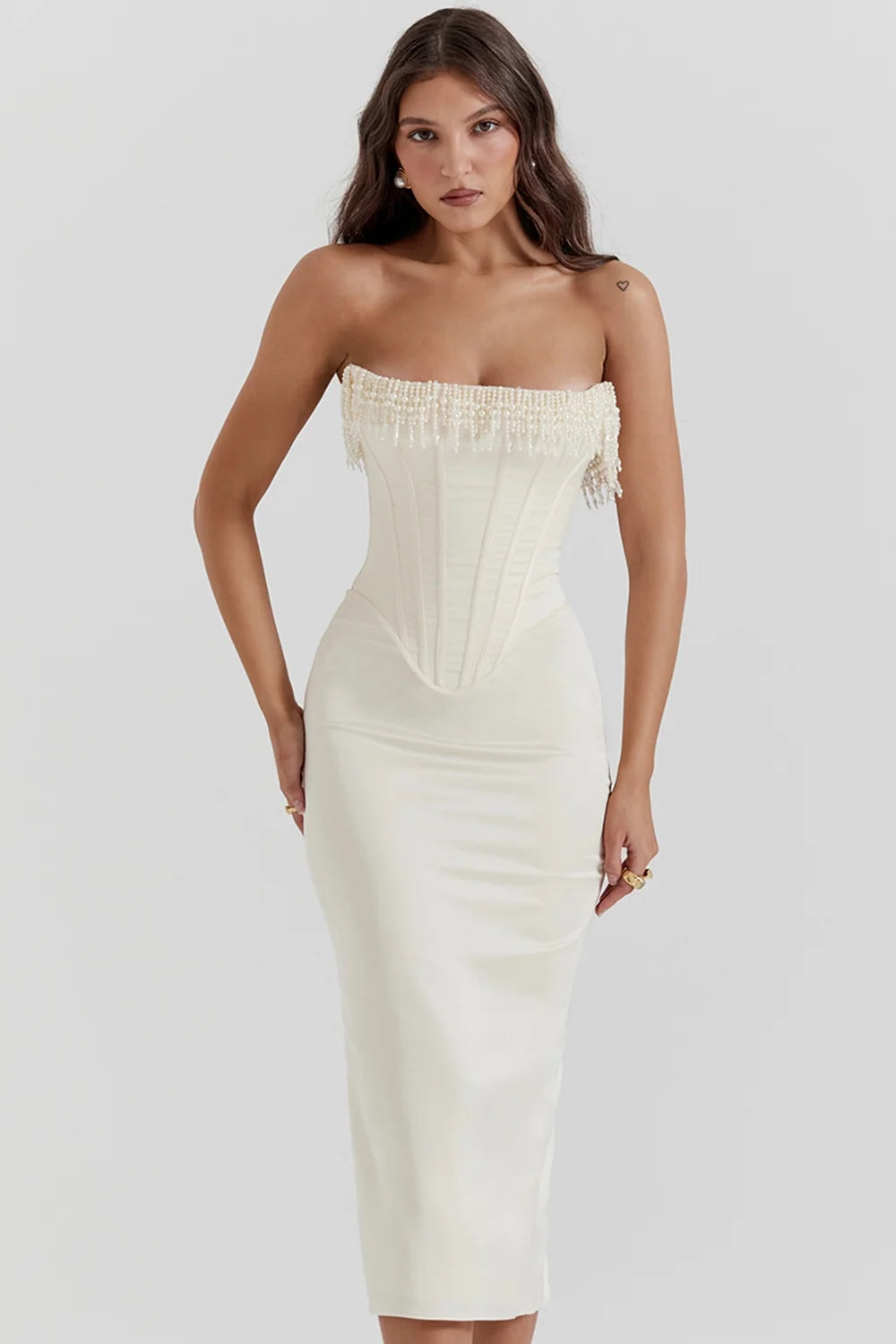 vintage cream embellished strapless dress