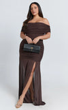 Alanna Maxi Dress Off Shoulder Ruched Mesh Dress in Chocolate