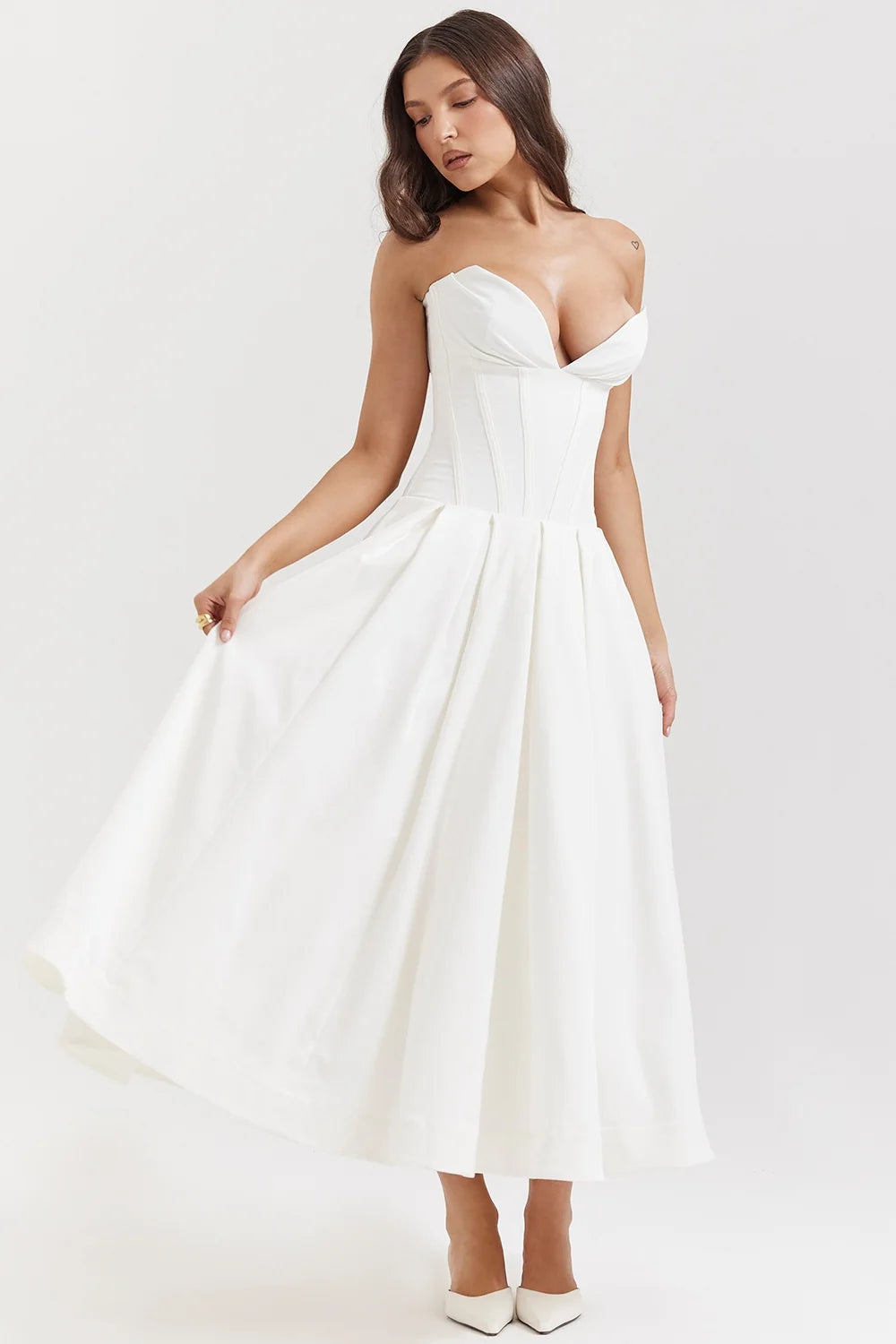 white strapless midi dress