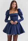 midnight satin puff sleeve mini dress sale