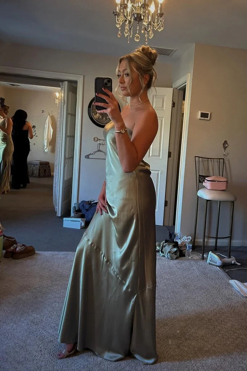 Strapless Olive Green Satin Sheath Long Party Dress