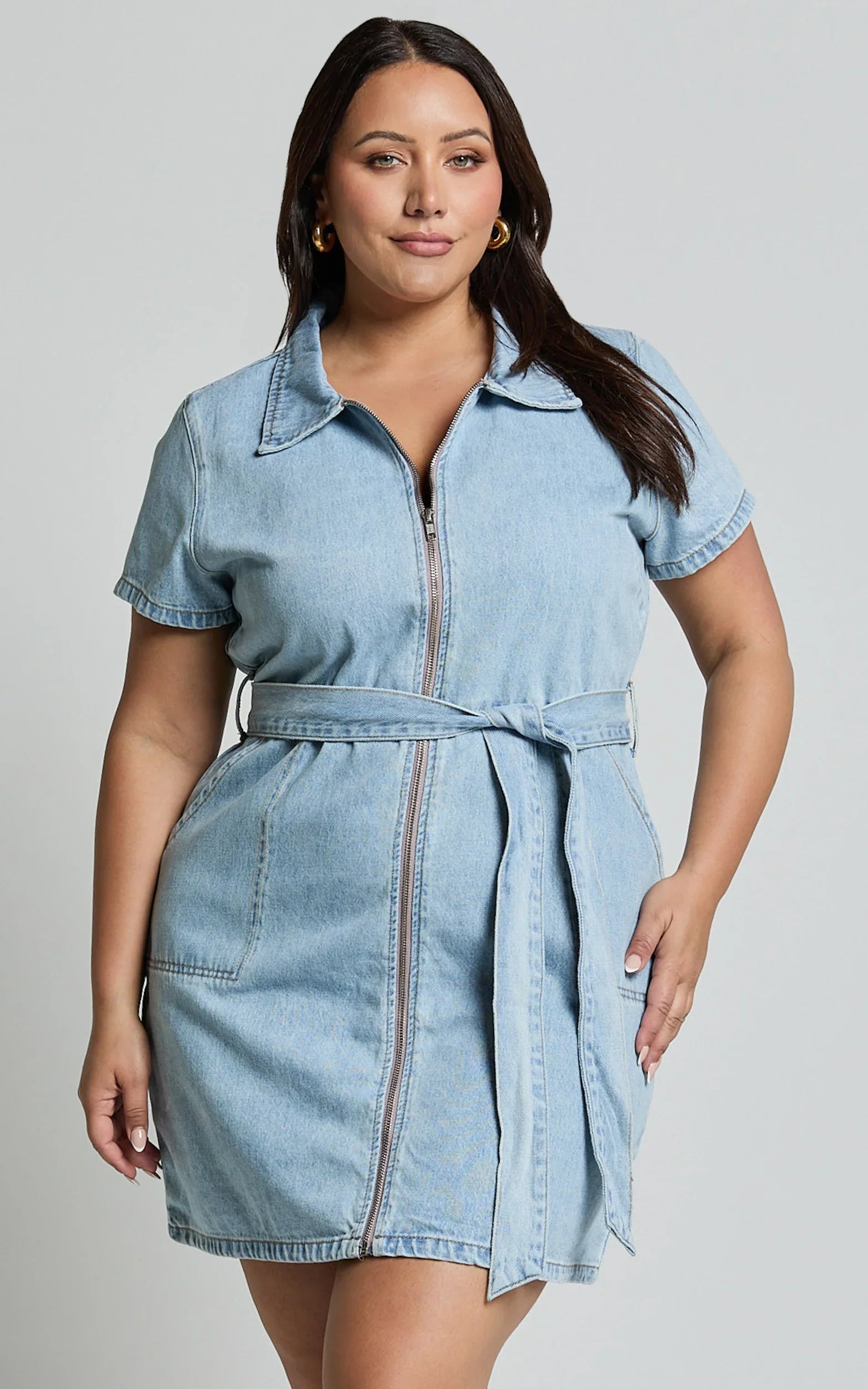 Nandini Mini Dress Zip Through Denim Dress in Light Blue Wash