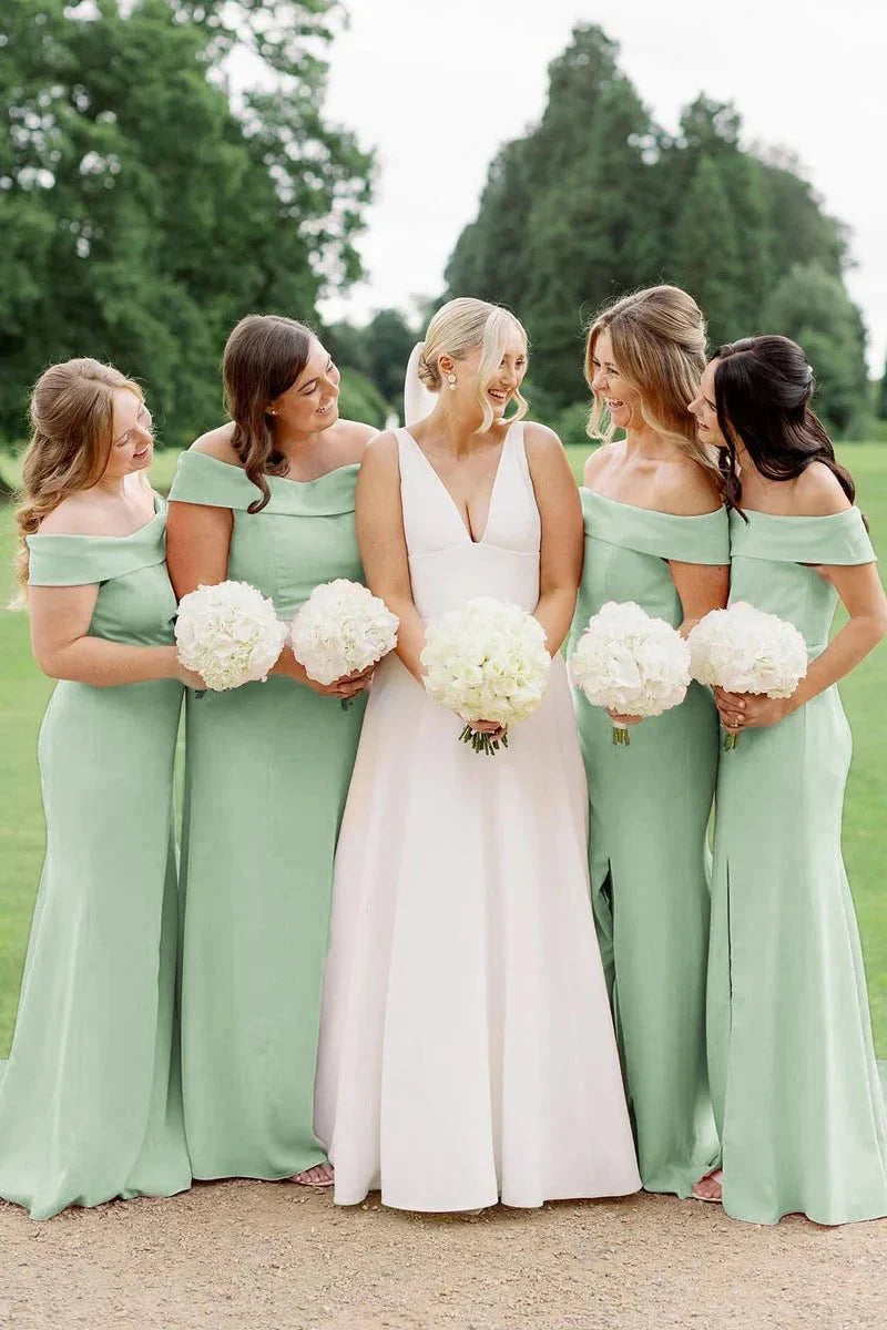 Simple Mermaid Off the Shoulder Light Pink Long Bridesmaid Dresses