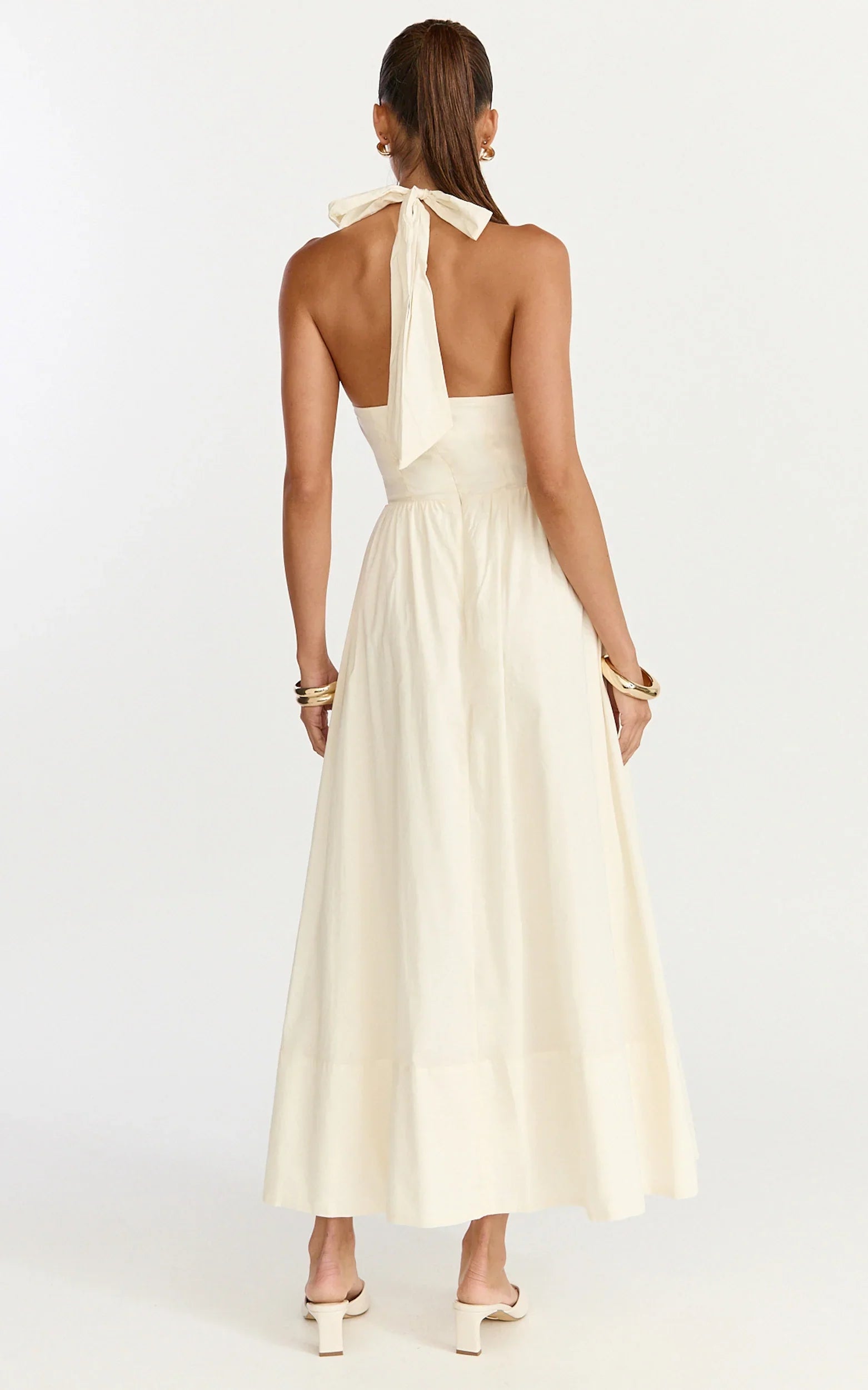 Everly Midi Dress Tie Halter Neck Button Down Bodice Fit And Flare Dress in Cream