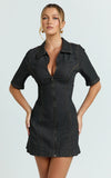 Tessie Mini Dress Zip Front Collared Denim Mini Dress in Black