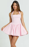 Helda Mini Dress Halter Tie Neck Corset Panel Dress in Pink