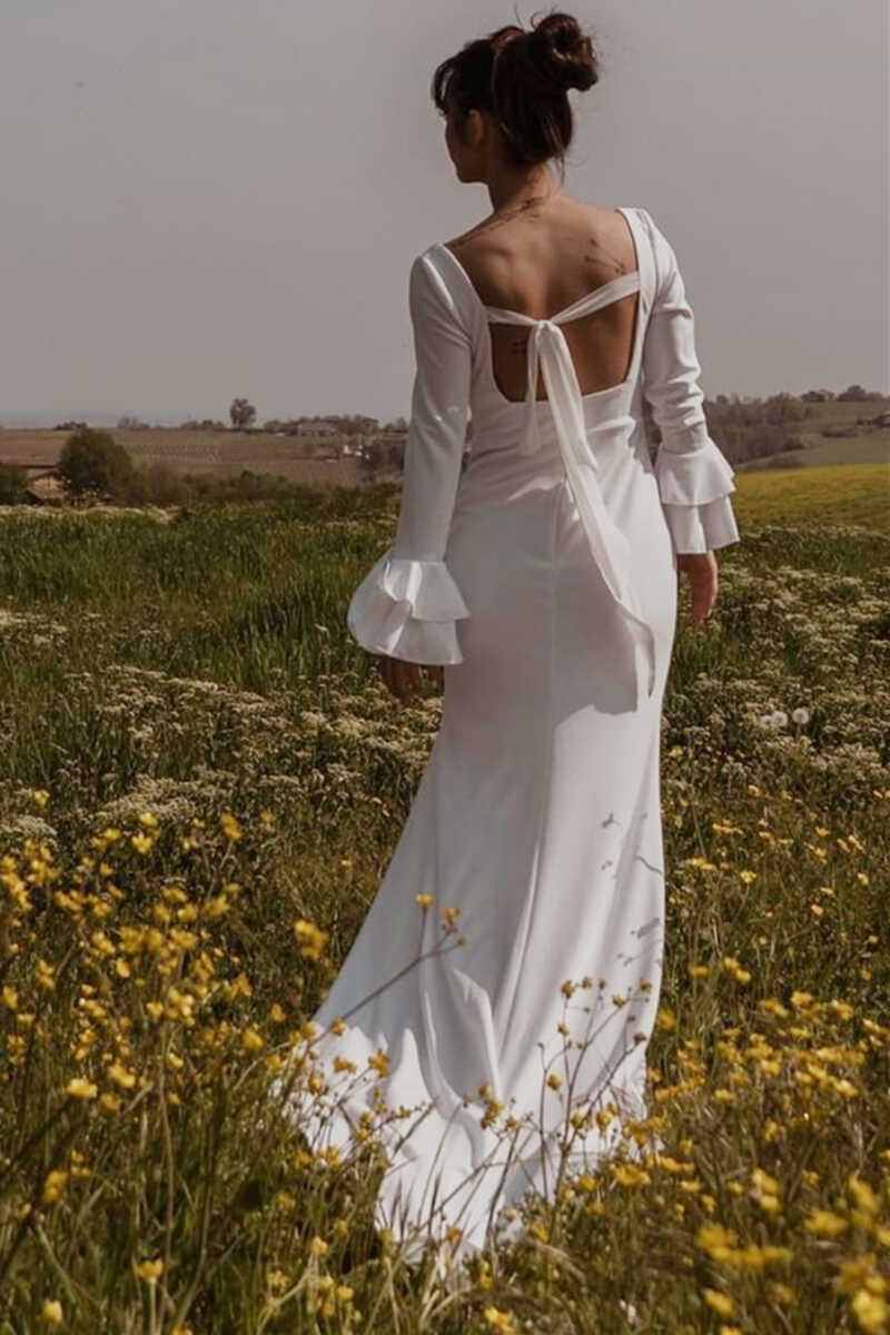 White Square Neck Long Sleeve Long Wedding Dress with Slit