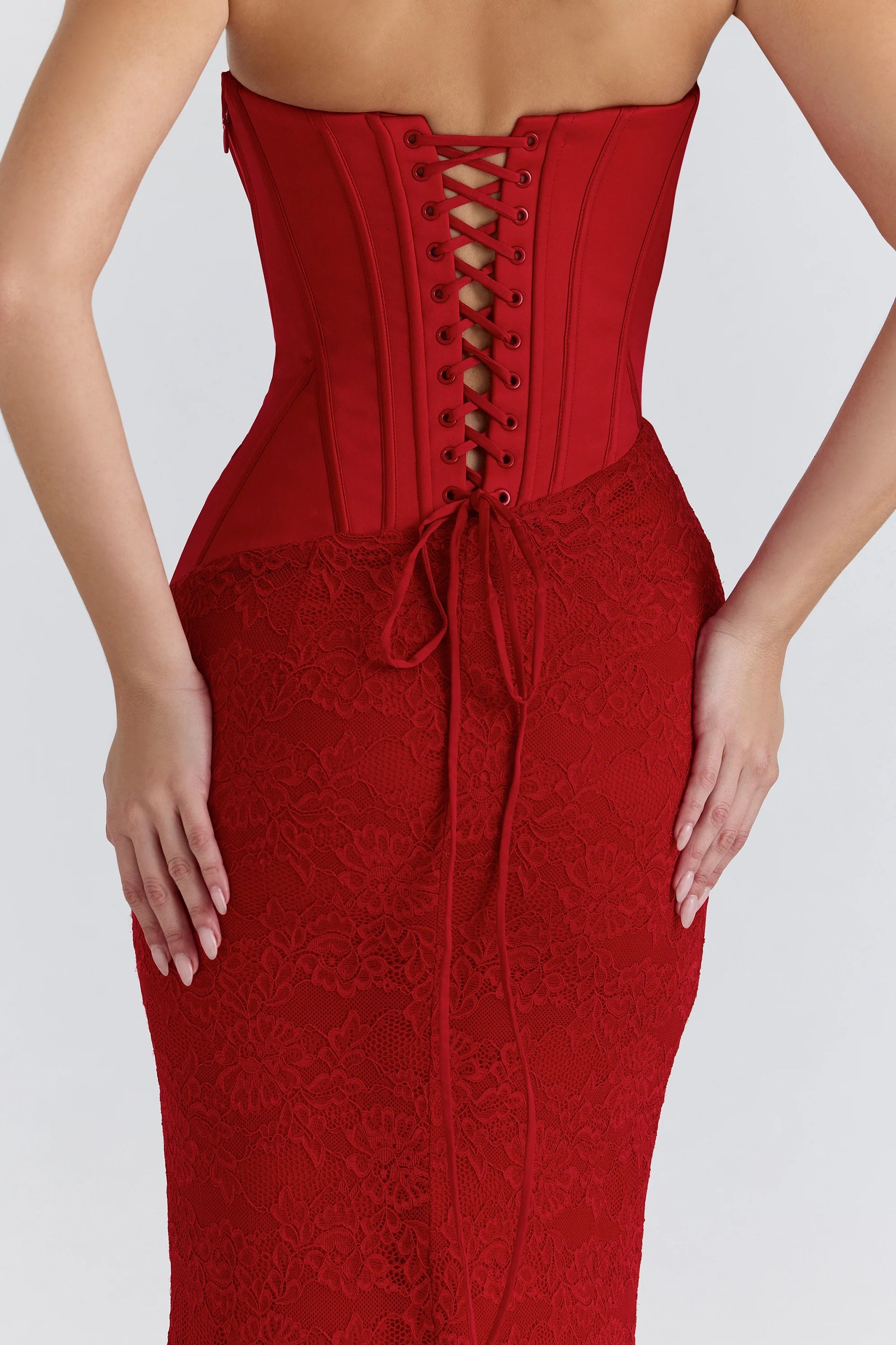 red satin lace strapless maxi dress