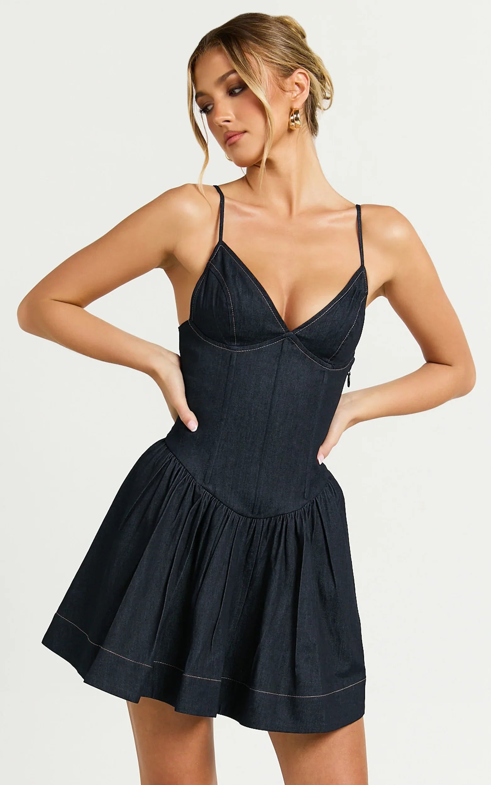 Betchie Mini Dress Neck Strappy Drop Waist Gathered Skirt Denim Dress in Dark Raw Denim