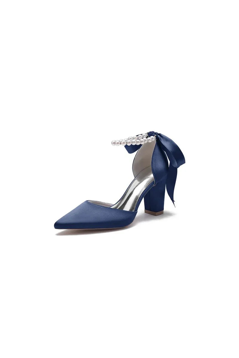 Pearl Ribbon Pointed Toe Ankle Strap Chunky Heel