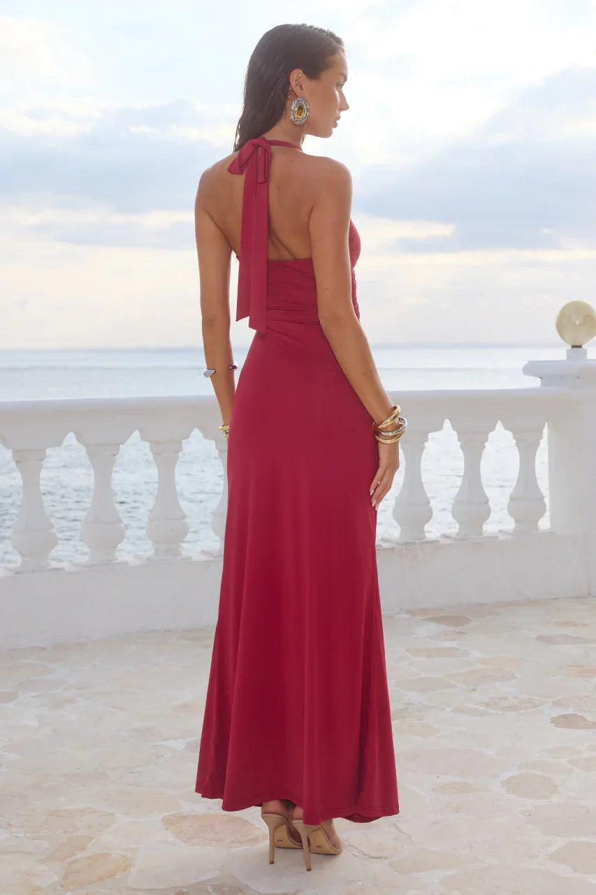 FLORA CUT OUT HALTER MAXI DRESS CHERRY