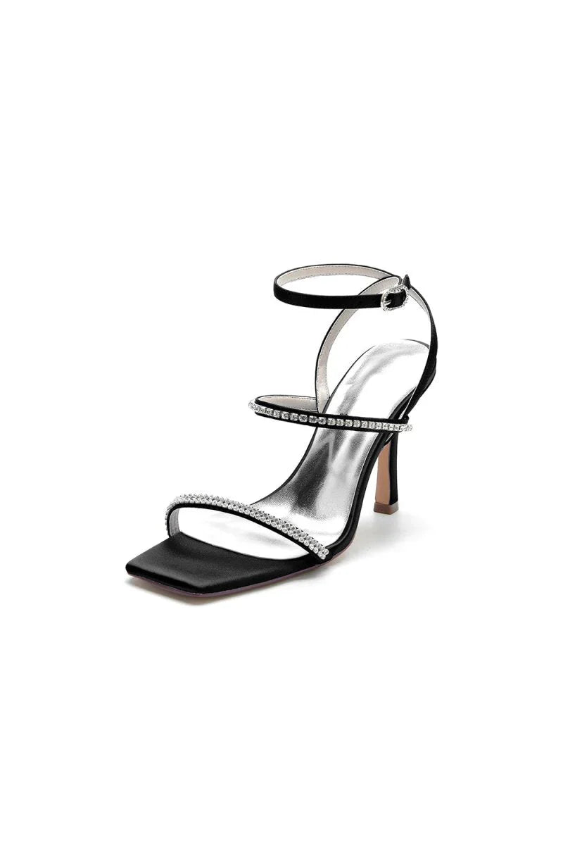 Crystal Cross Straps Square Open Toe Chunky Heels