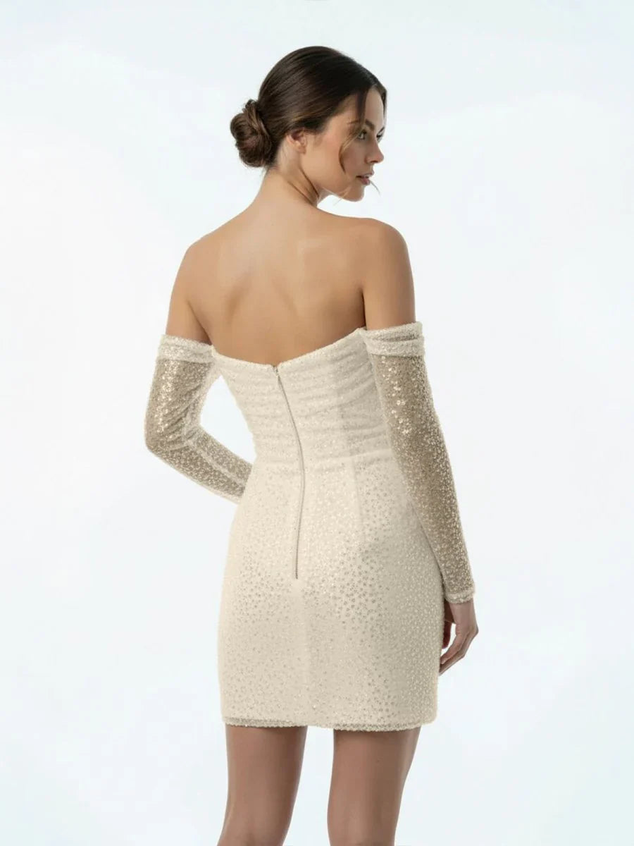 Chic Short Sequined Backless Wedding Dress With Long Detachable Sleeves