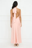 Delicate Dazzle Halter Satin Maxi Dress Peach